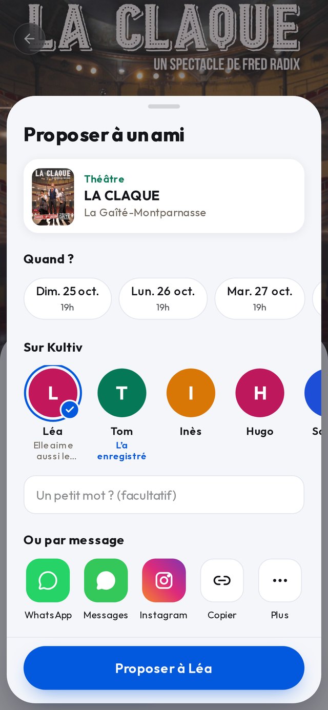 Proposer une sortie à un ami dans Kultiv